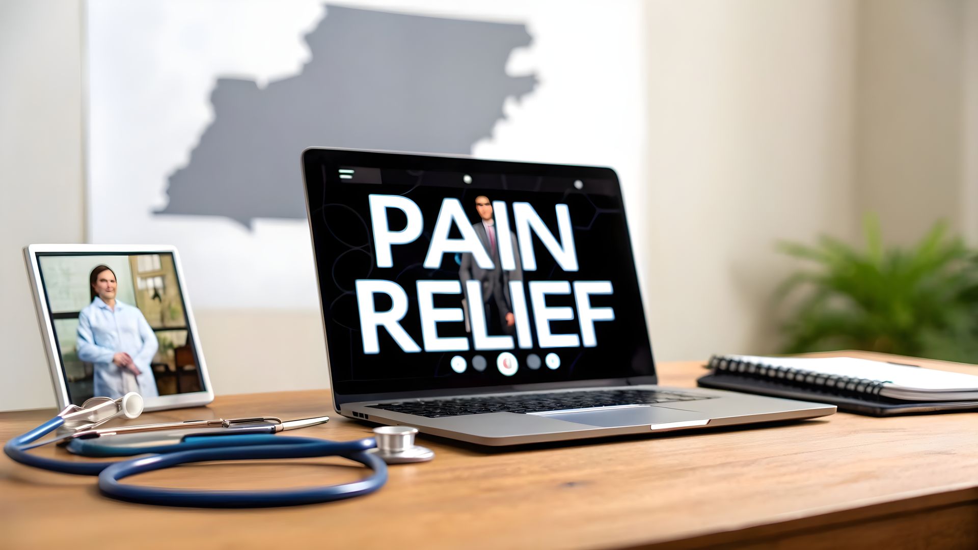 Laptop on desk displaying “PAIN RELIEF,” with a stethoscope, tablet, and notebook in a medical office setting