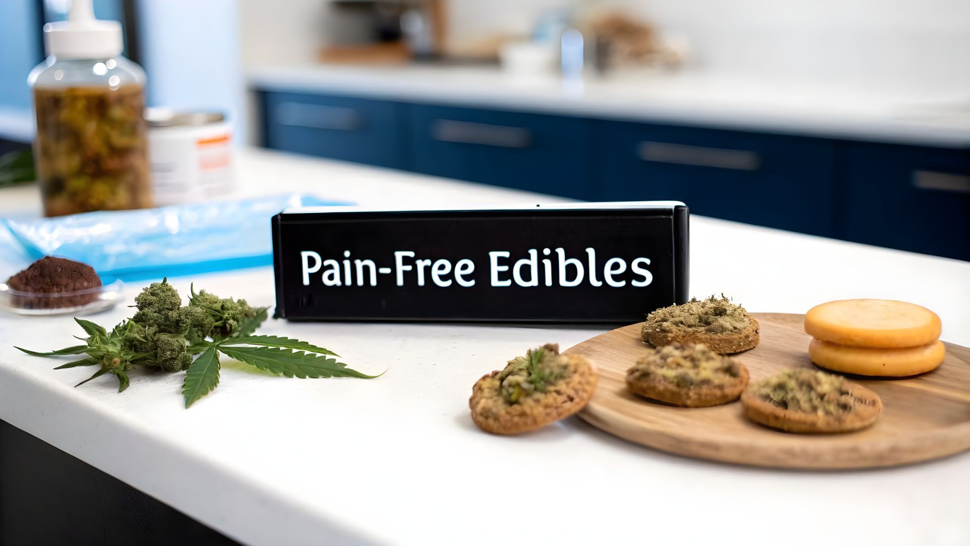 Pain-free edibles displayed on a countertop with herbs, cookies, and a wooden tray