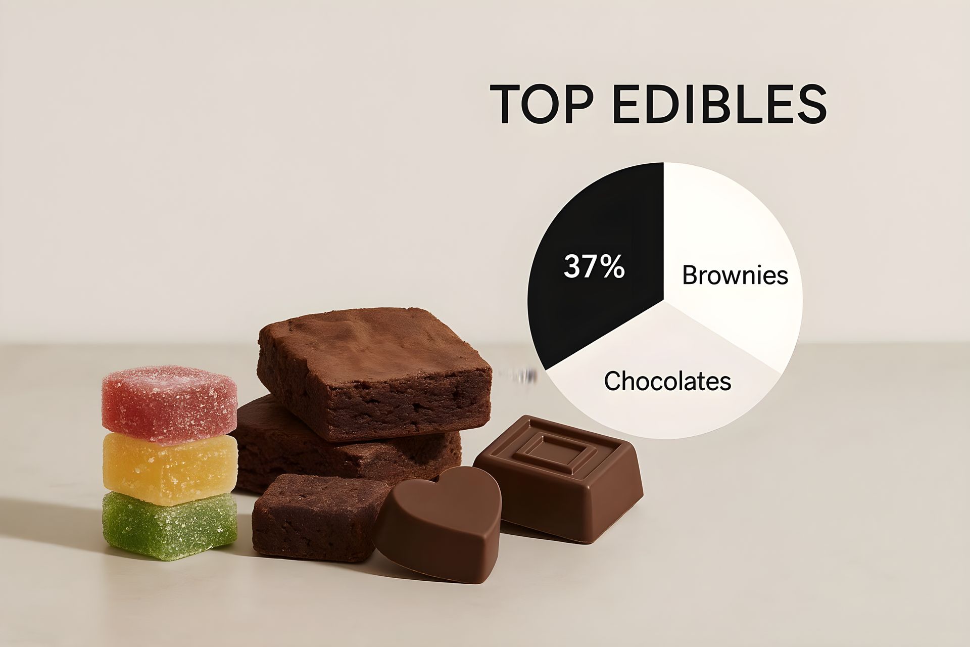 Assorted cannabis edibles with a “Top Edibles” pie chart showing brownies, chocolates, and gummies.