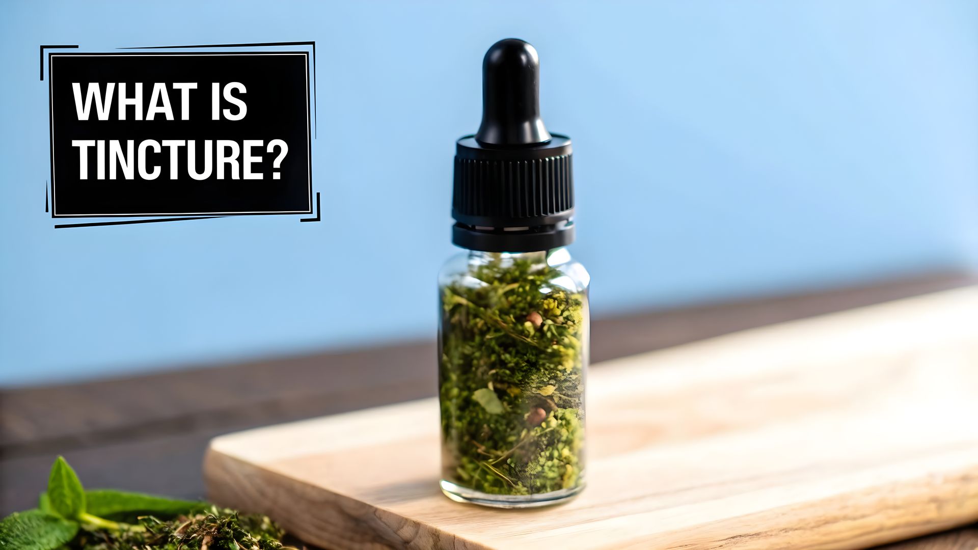 Glass dropper bottle of green herb tincture on a wooden board, with “WHAT IS TINCTURE?” text.