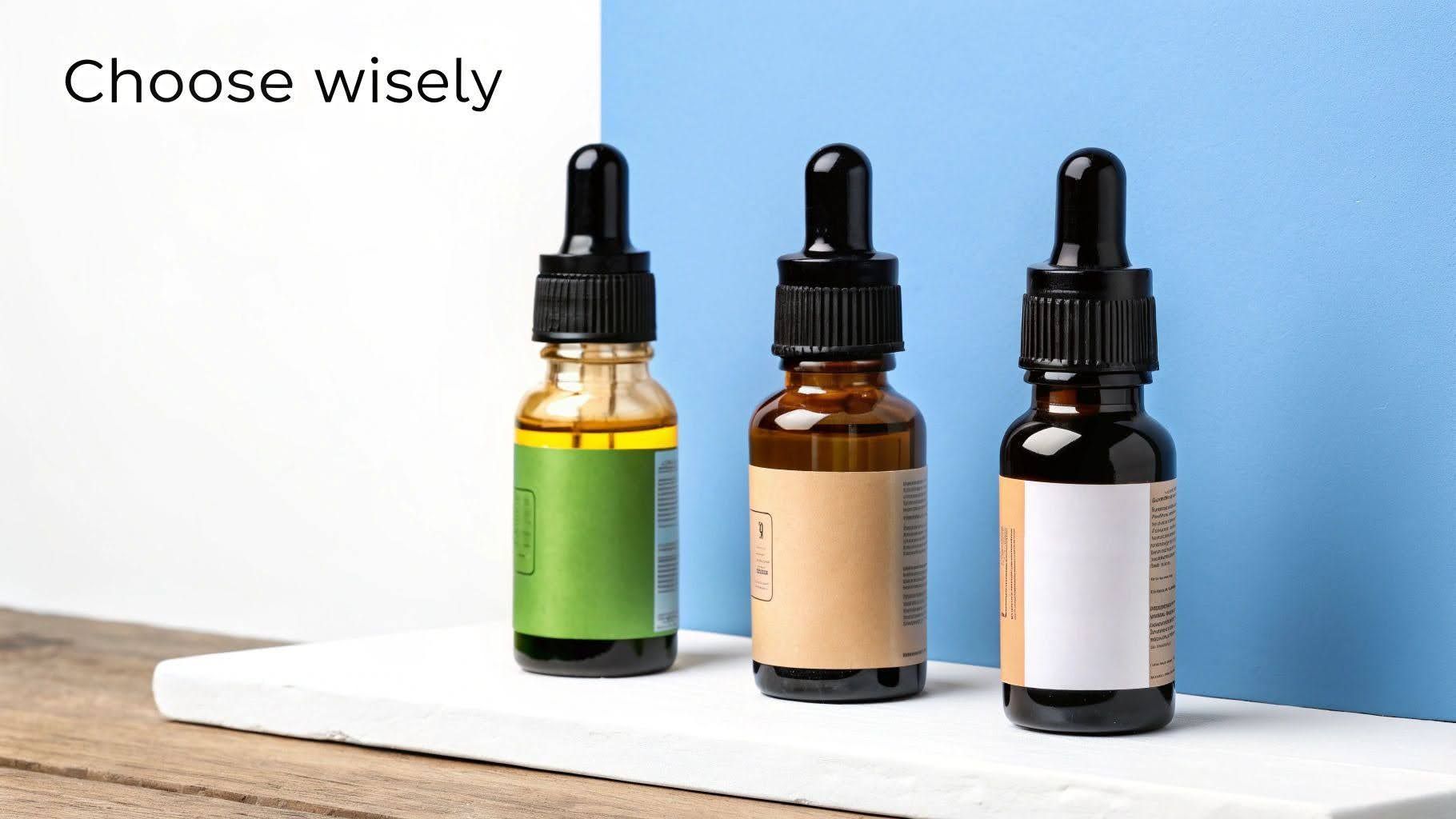 Three dropper bottles on a white surface with “Choose wisely” text in the top left.