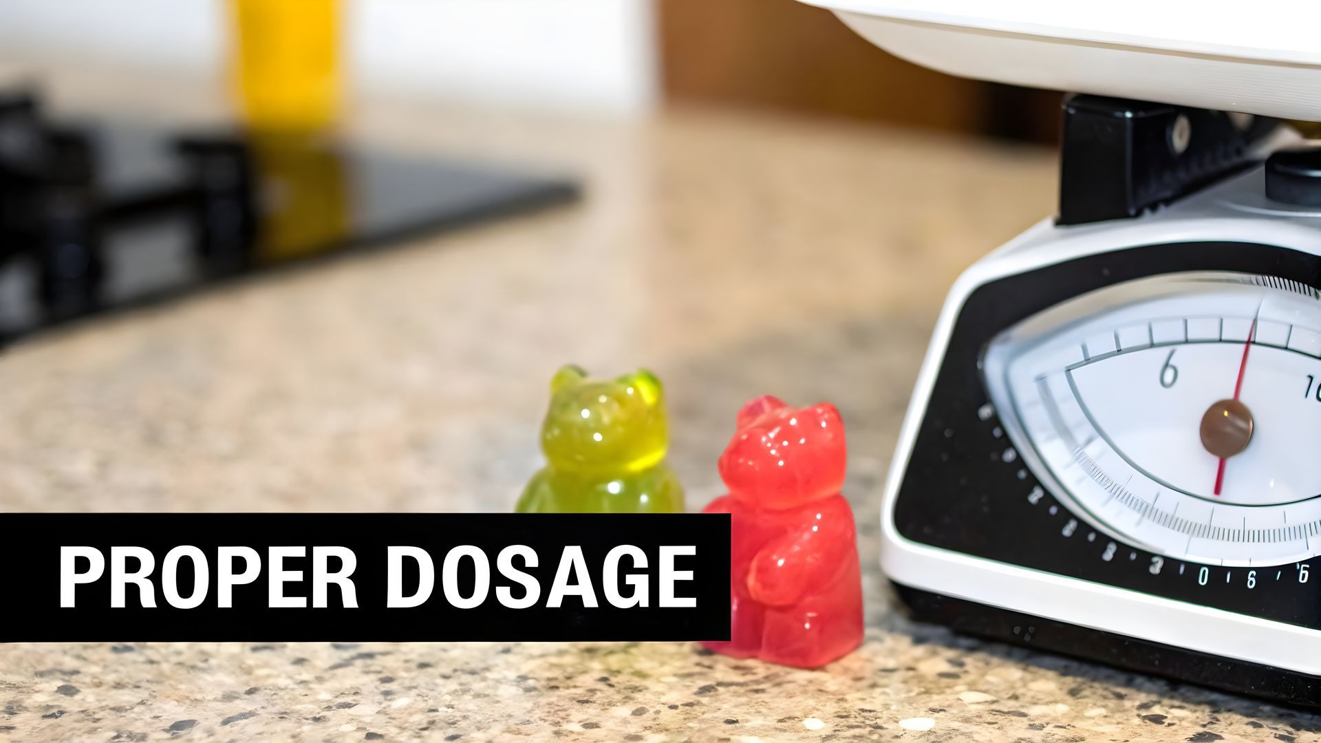 Red and green gummies beside a kitchen scale labeled “PROPER DOSAGE”