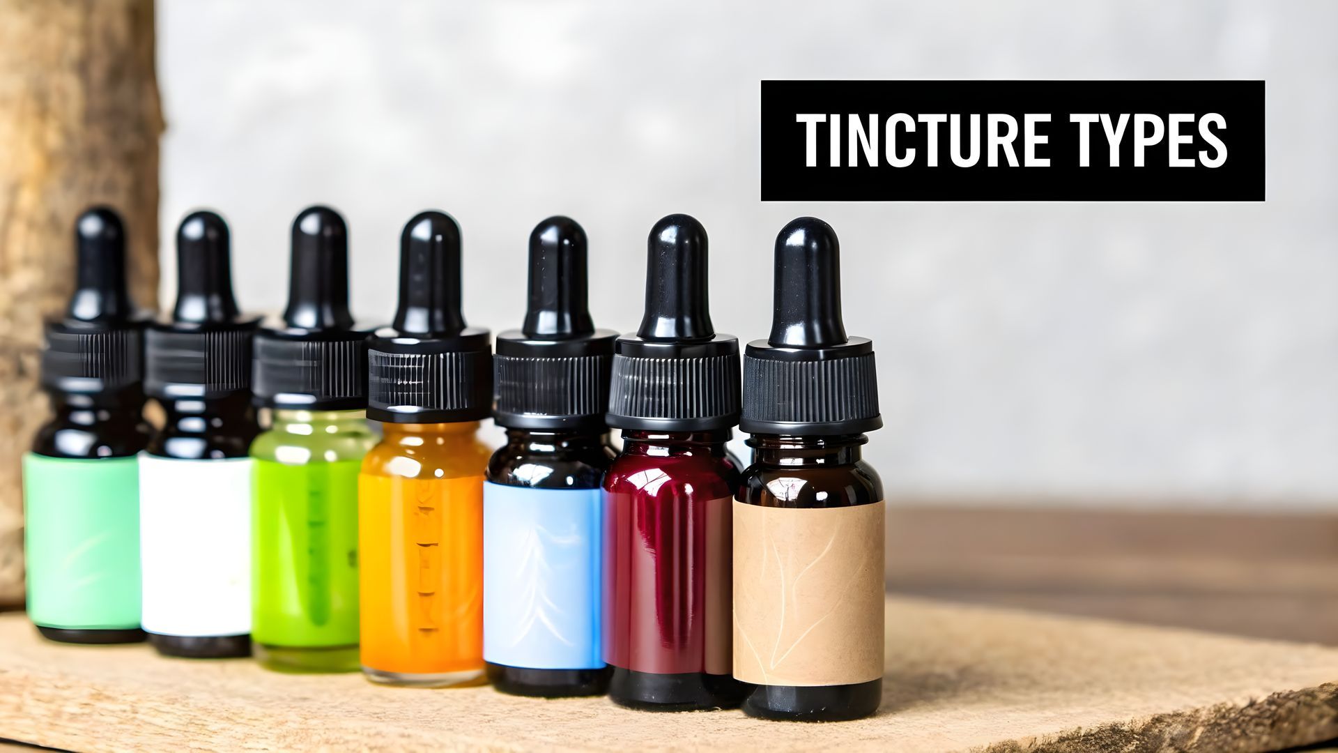Assorted dropper tincture bottles on a wooden surface with “TINCTURE TYPES” label