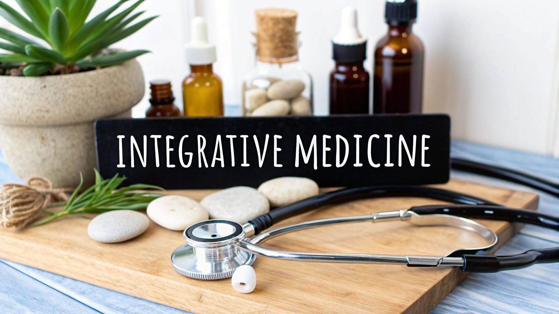 Integrative medicine sign with stethoscope, pills, bottles, and plant on a wooden table