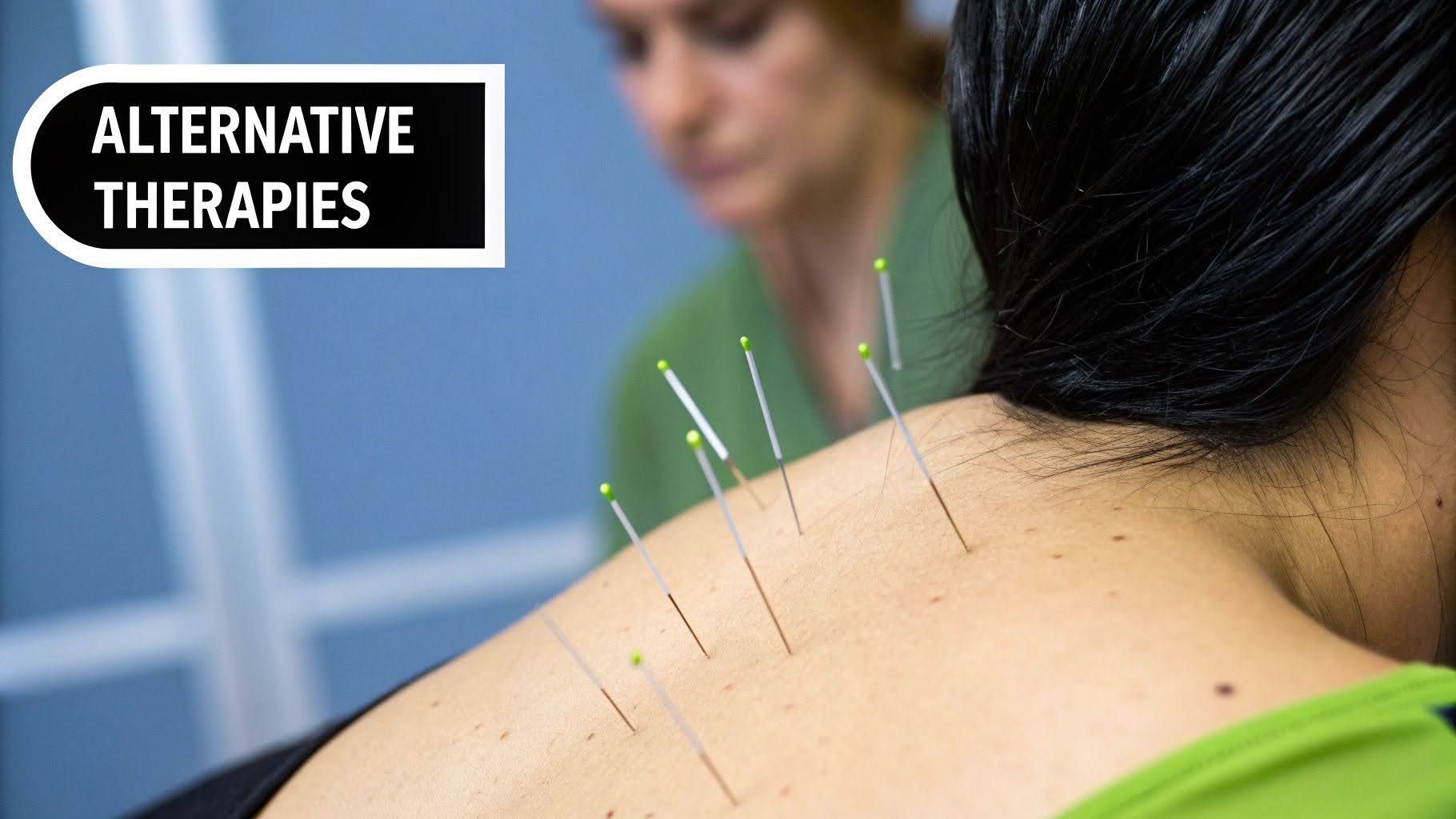 Acupuncture needles inserted in a person’s upper back during alternative therapy session