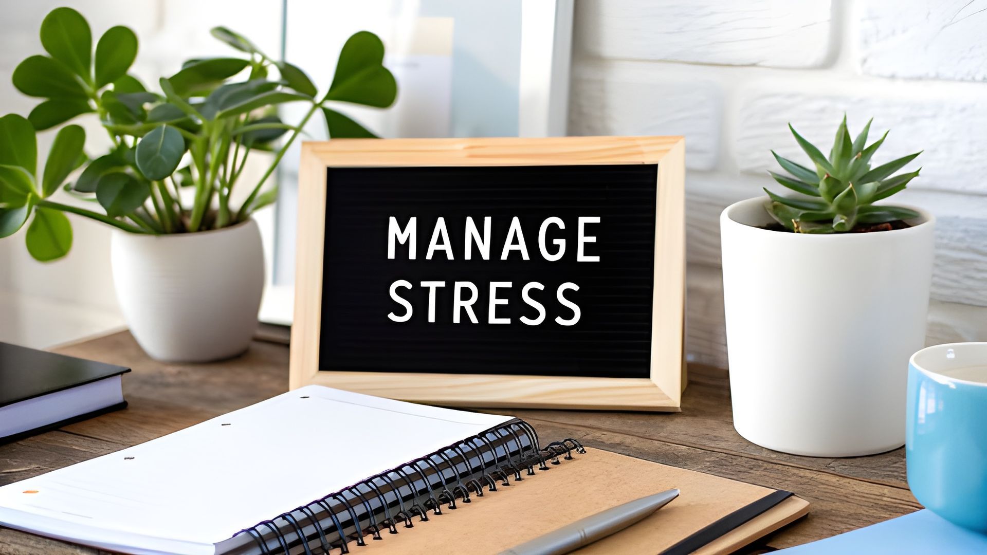 Desk with notebook and plants, featuring a black sign reading “MANAGE STRESS”