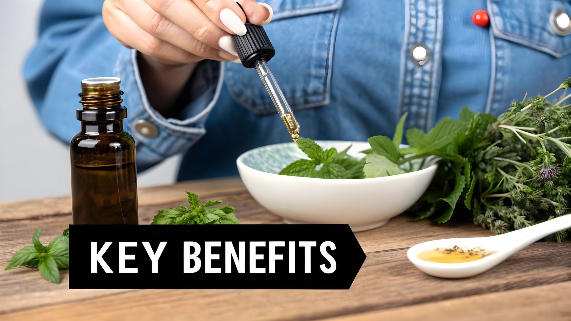 Hand holding eyedropper over bowl of herbs beside oil bottle; text reads “KEY BENEFITS”