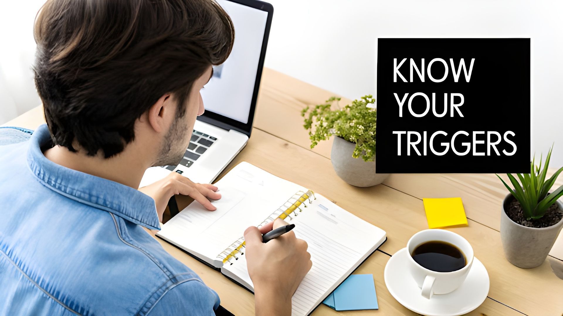 Person studying at a desk with laptop and notebook; sign reads “KNOW YOUR TRIGGERS.”