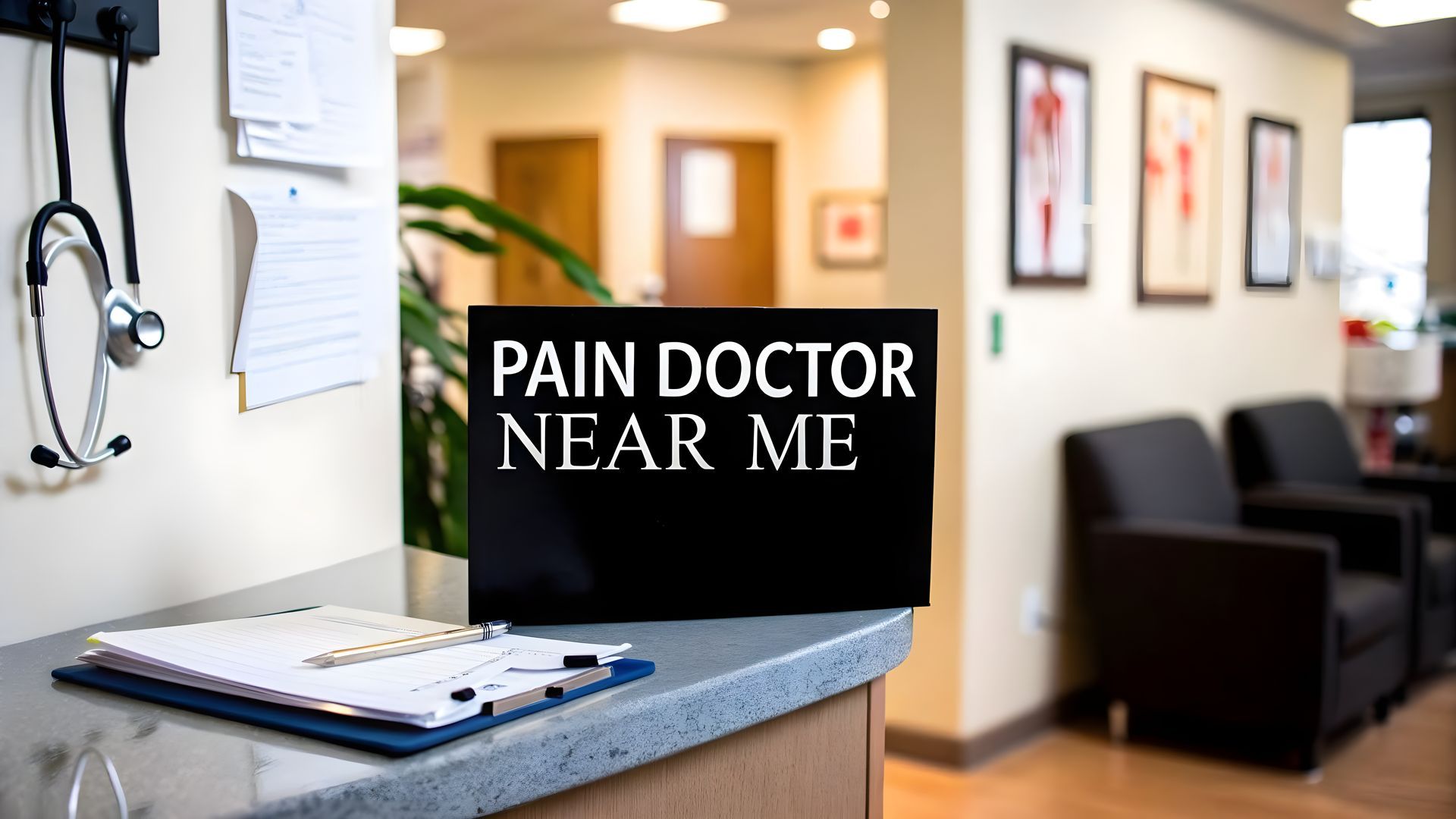 Medical office reception desk with a sign reading “PAIN DOCTOR NEAR ME” on a laptop screen.