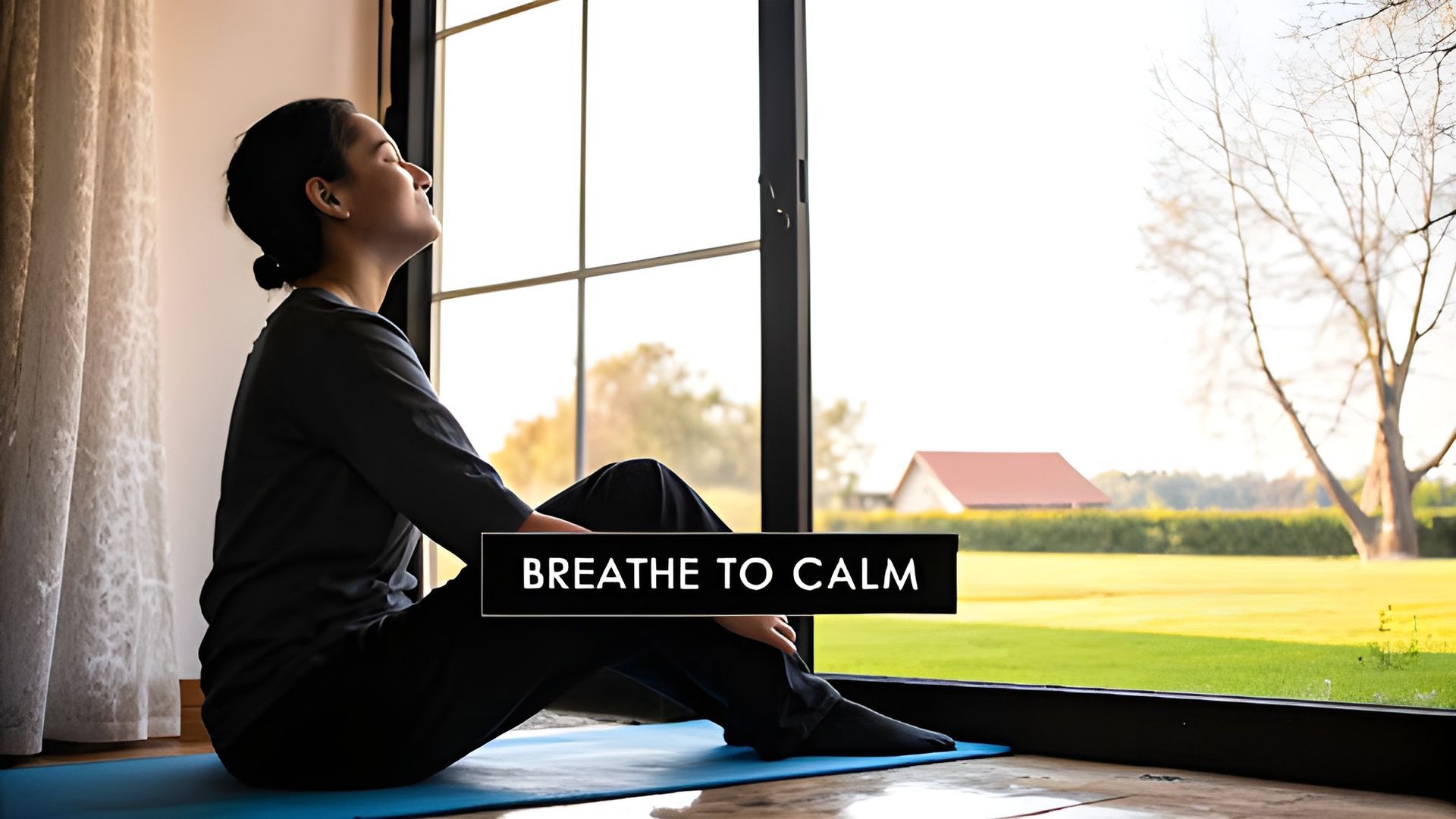 Person seated by a window, breathing calmly on a yoga mat with “BREATHE TO CALM” text.