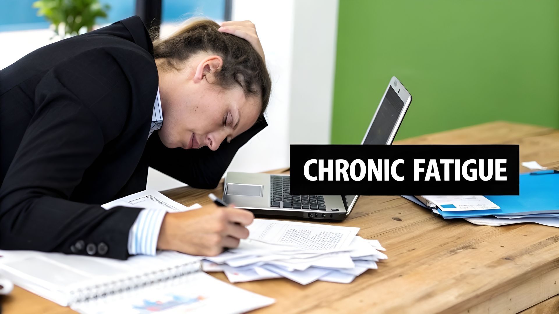 Exhausted office worker asleep at desk beside laptop, with “CHRONIC FATIGUE” text overlay