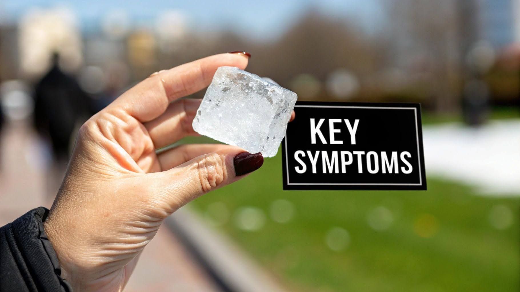 Hand holding a clear ice cube with a sign reading “KEY SYMPTOMS” in the background