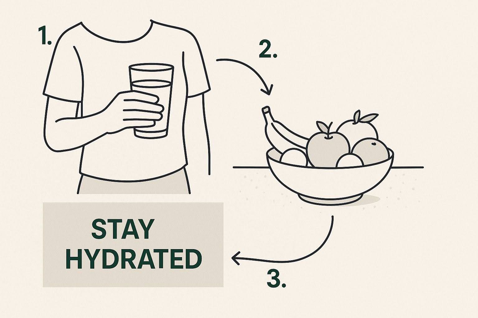 Hands holding water beside a bowl of fruit with “STAY HYDRATED” text and arrows showing a healthy choice cycle
