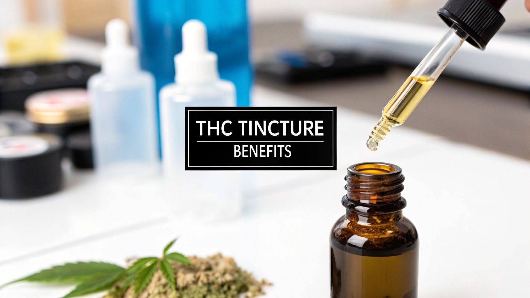THC tincture dropper above amber bottle with “THC TINCTURE BENEFITS” label on a table