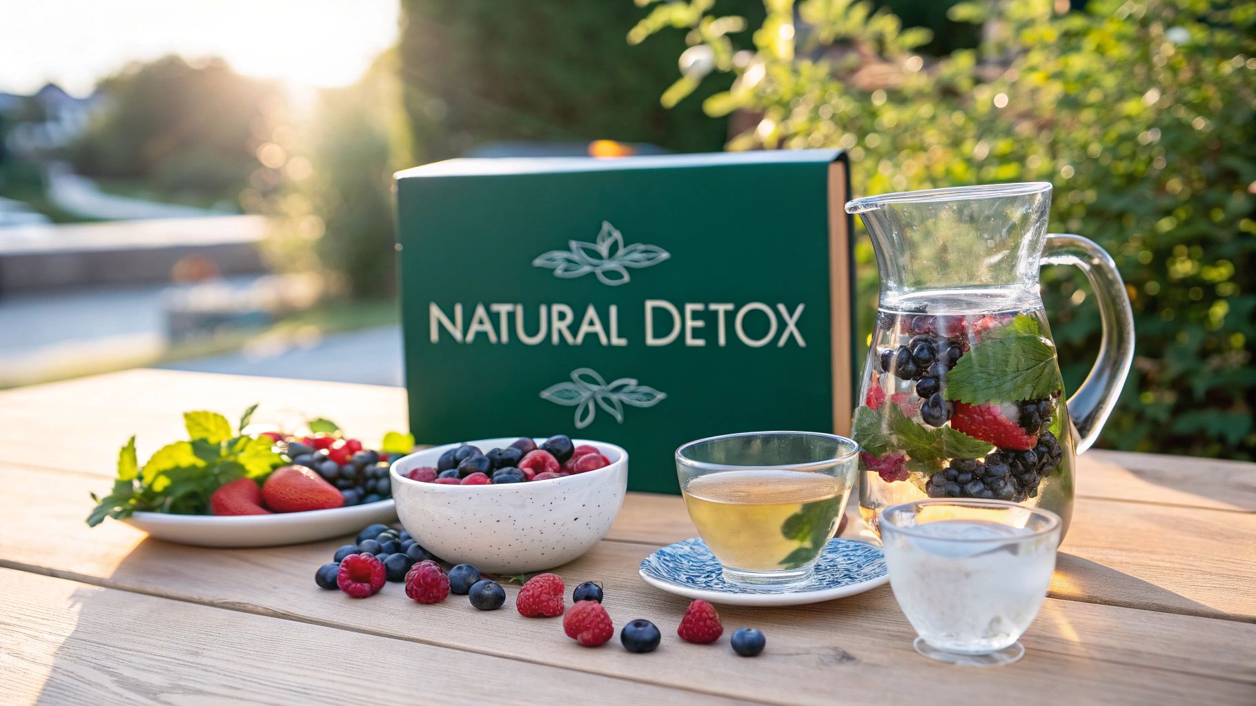 Detox tea set outdoors on a table with fruit, herbs, and a green “Natural Detox” box