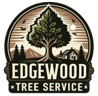 Logo for Edgewood Tree Service with a large tree, mountains, house, and birds in a circular badge