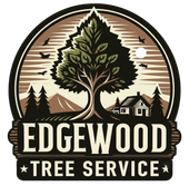 Logo for Edgewood Tree Service with a large tree, mountains, house, and birds in a circular badge