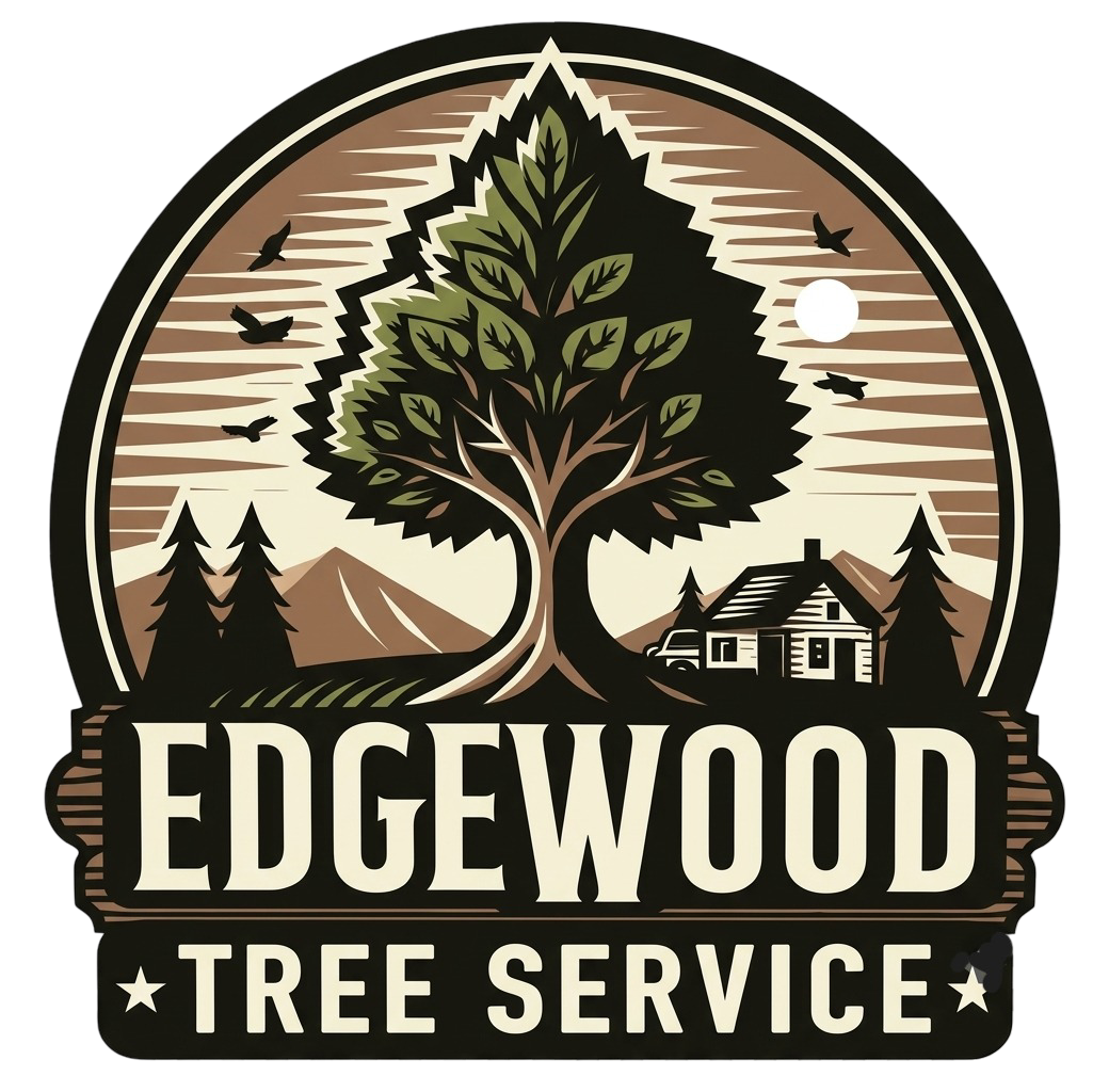 Logo for Edgewood Tree Service with a large tree, mountains, house, and birds in a circular badge
