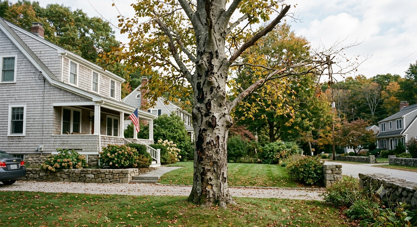 Tree-lined suburban street with gray houses and a large tree in the foreground.