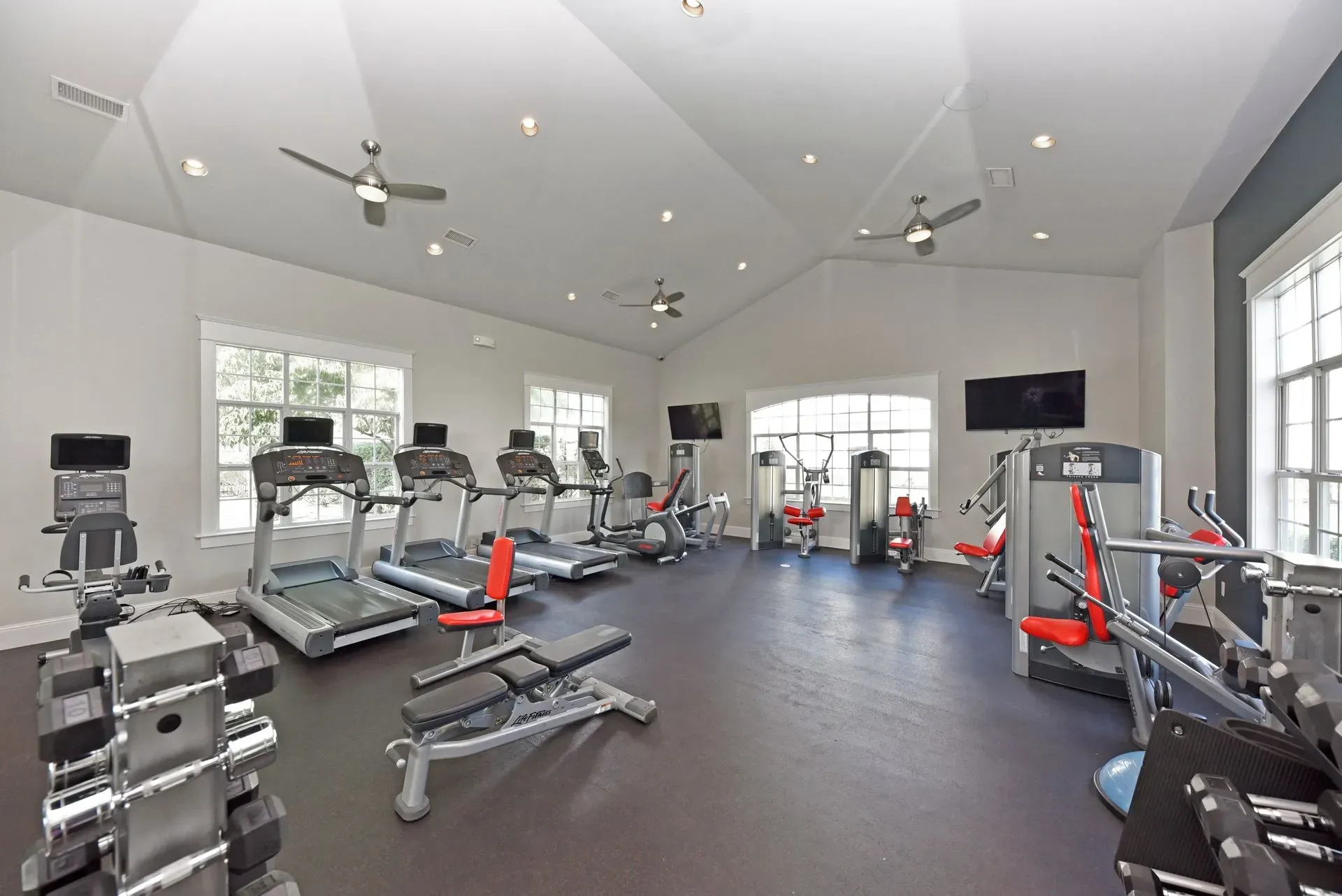 Gym with treadmills, weight machines, and free weights
