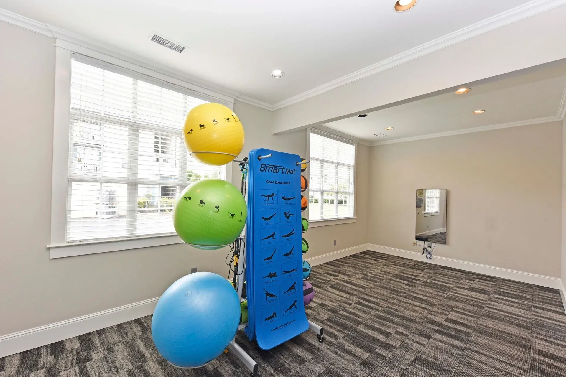 Fitness room with exercise balls and a yoga mat.