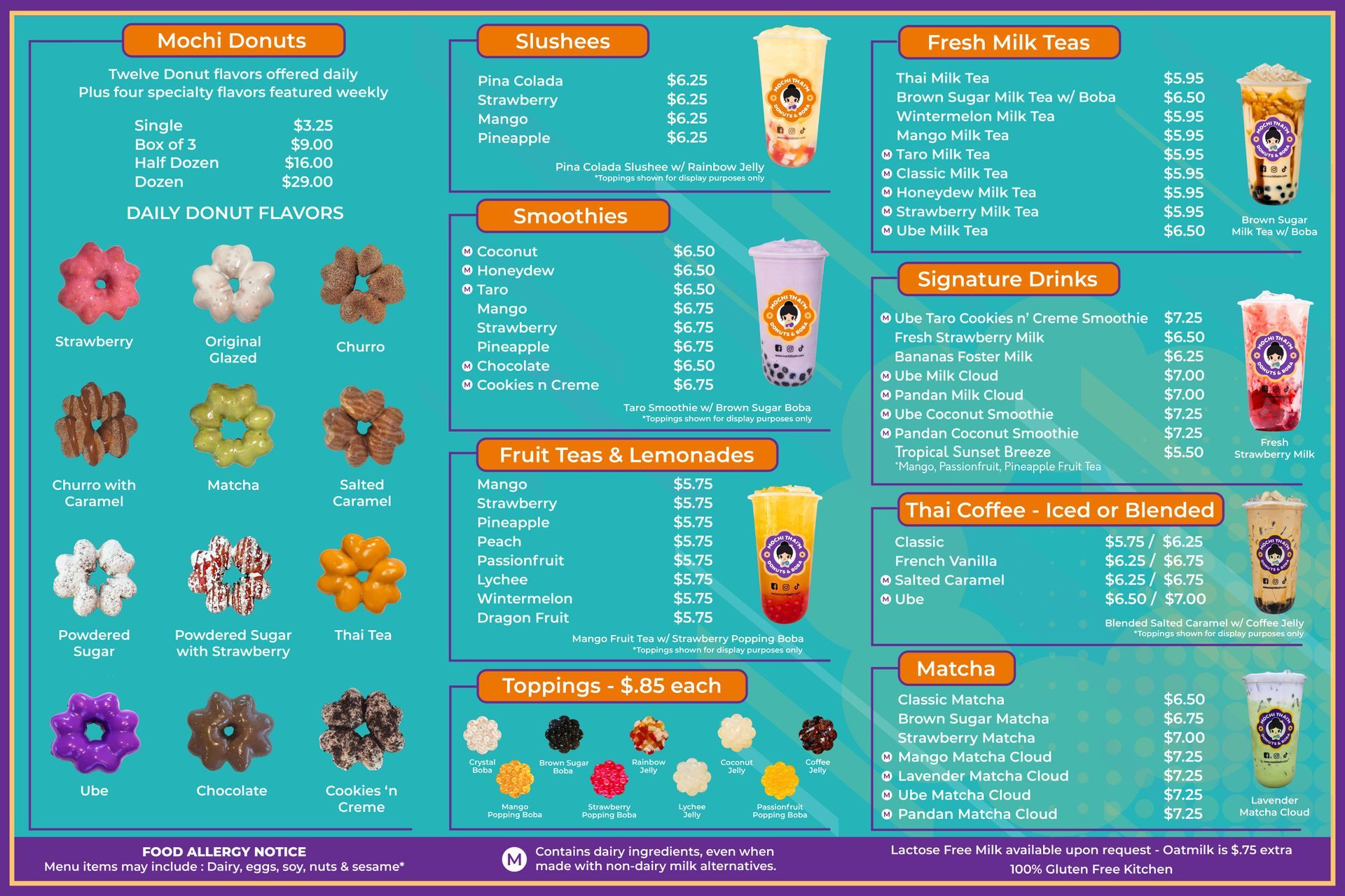 Turquoise menu infographic with flowers, iced drinks, and dessert items arranged in labeled sections.
