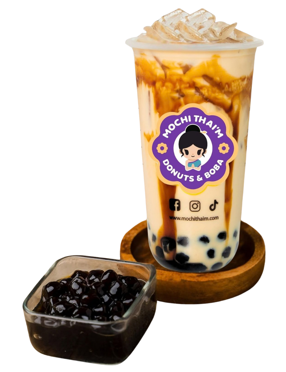 a cup of mochi thai donuts is on a white background
