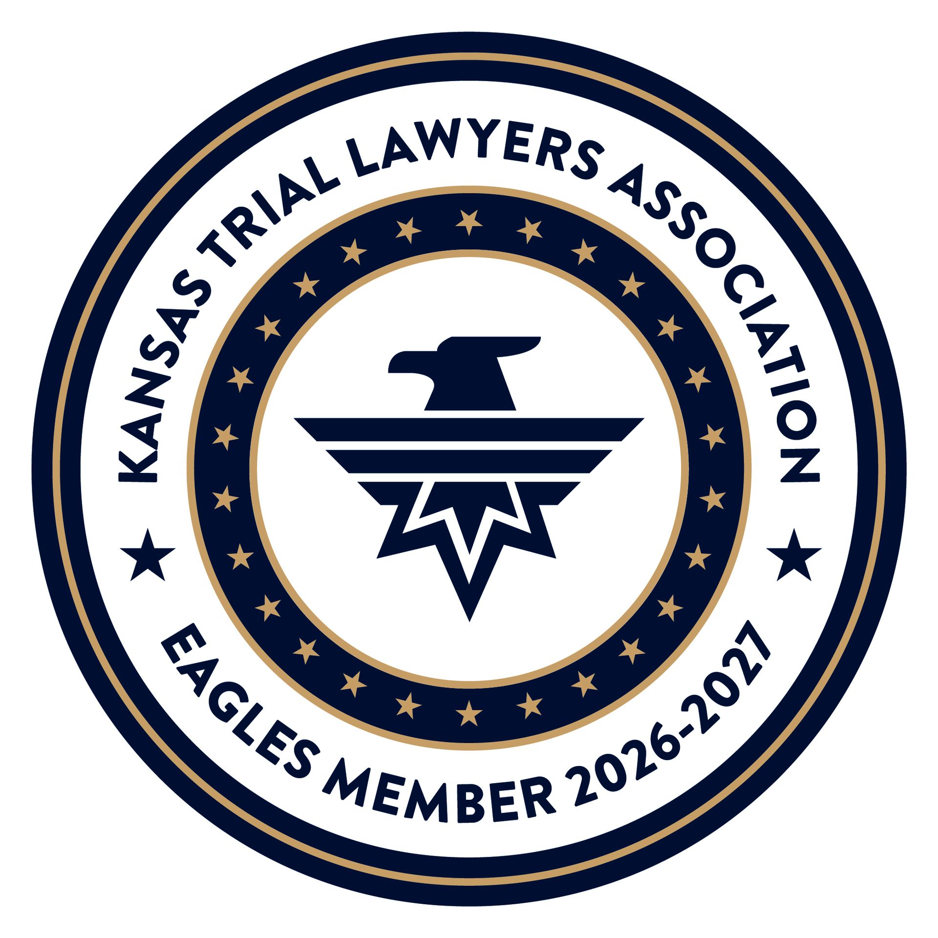 Kansas Trial Lawyers Association Eagles member 2026-2027 circular navy and gold emblem