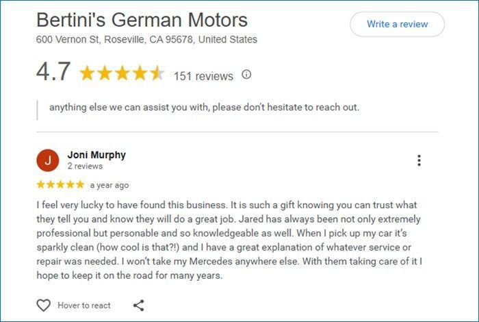 Review from a happy customer - Bertinis German Motors