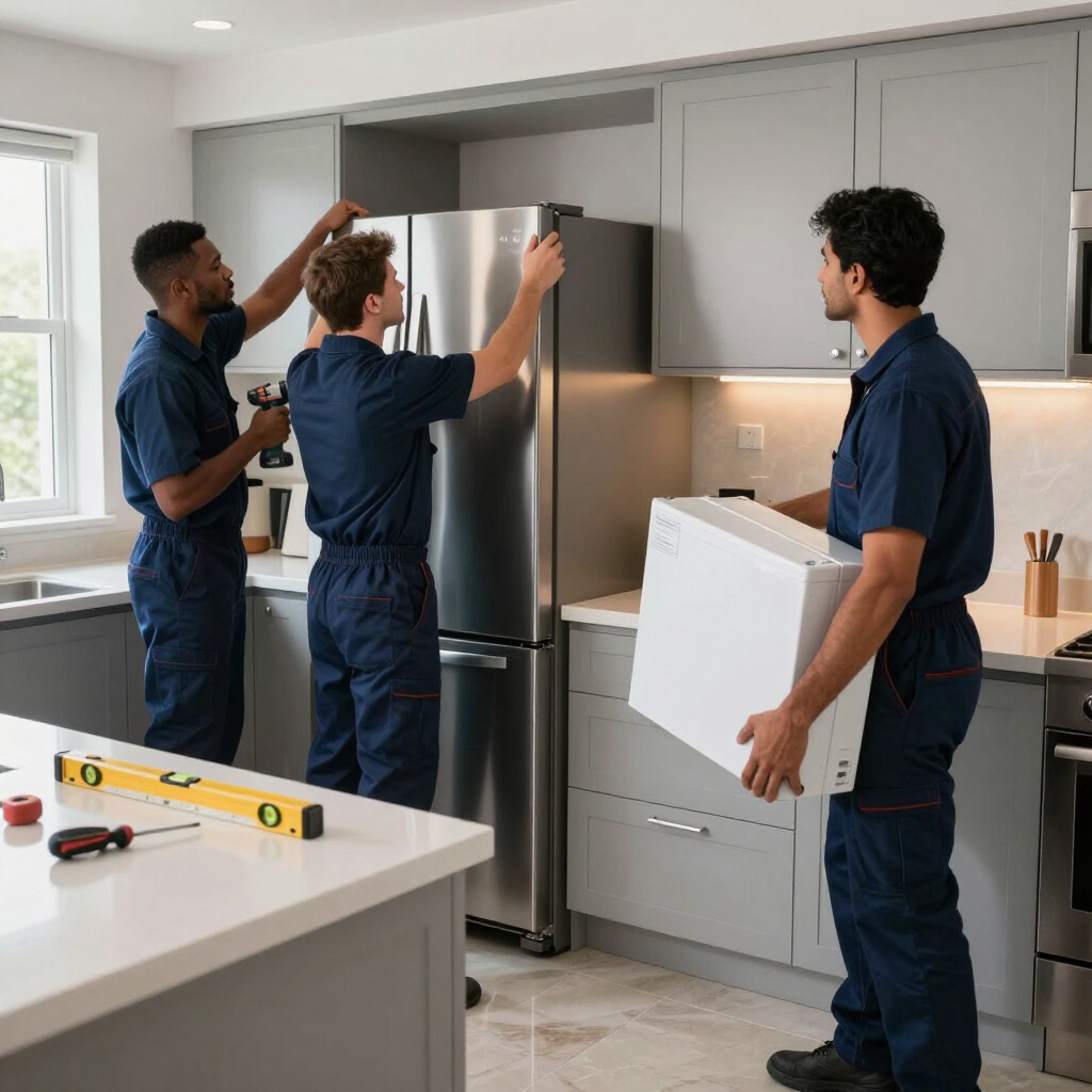 Three workers installing a stainless steel refrigerator in a modern kitchen