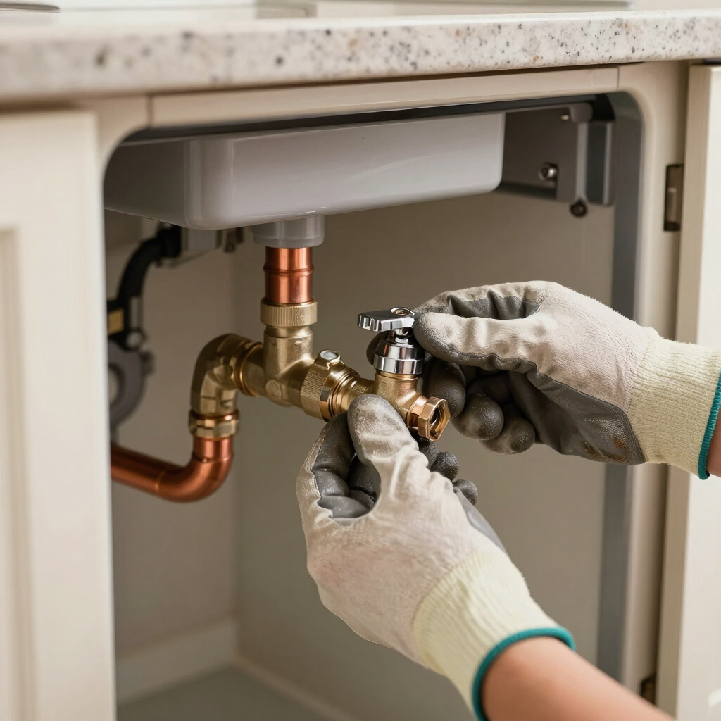 Gloved hands adjusting a plumbing valve under a sink with copper pipes and fittings