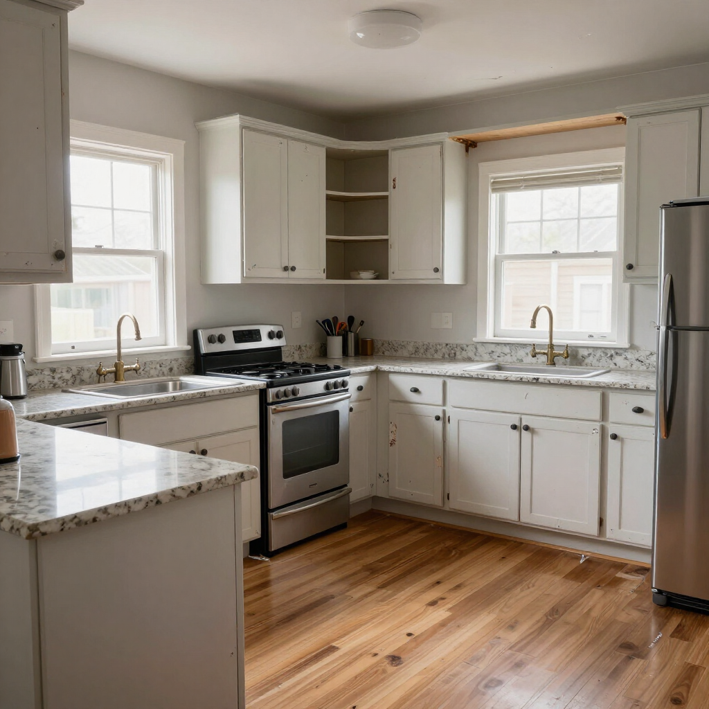 Bright white kitchen with granite counters, stainless stove, and hardwood floor under two windows