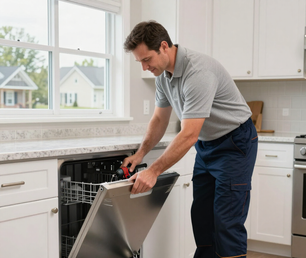 Man installing a stainless steel dishwasher in a bright kitchen