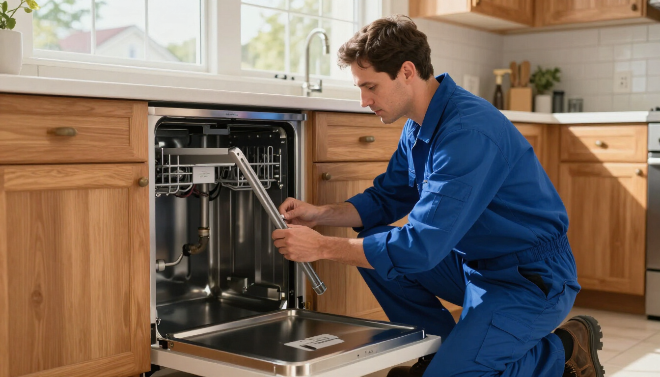 Technician in blue coveralls repairing an open dishwasher in a kitchen