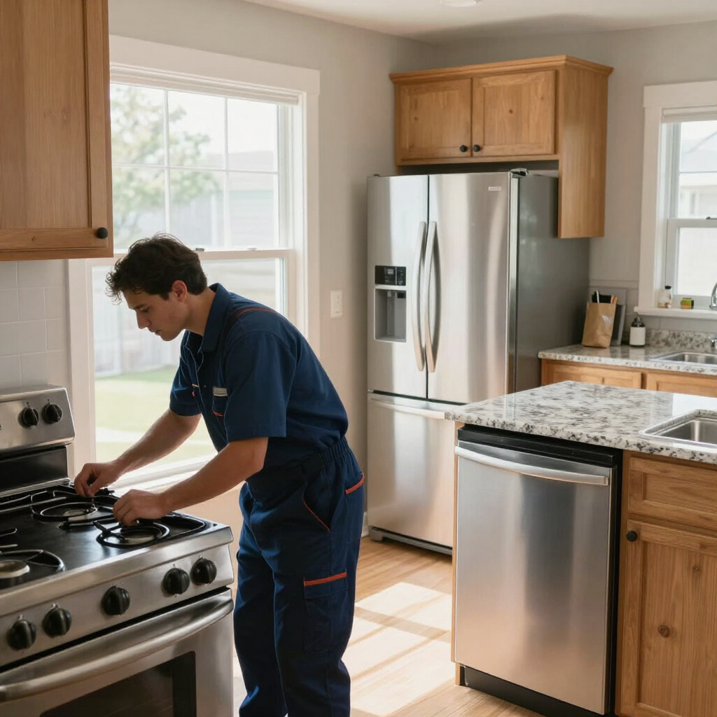 Three workers installing a stainless steel refrigerator in a modern kitchen