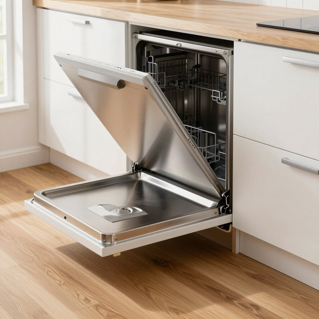 Built-in dishwasher with open stainless-steel door in a modern kitchen
