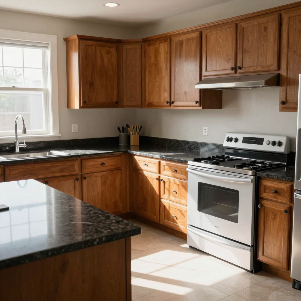 Empty kitchen with wooden cabinets, black countertops, and a white stove by a sunlit window