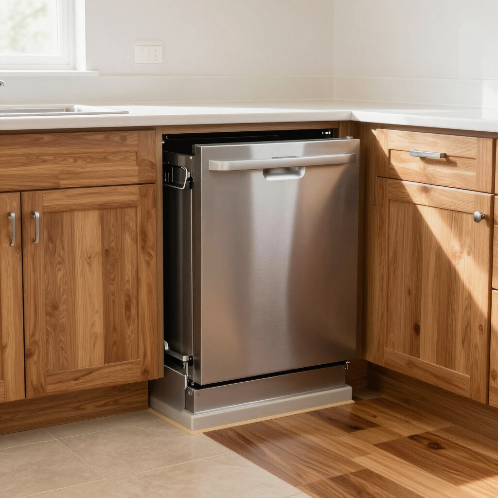 Built-in stainless steel dishwasher under a wooden kitchen counter