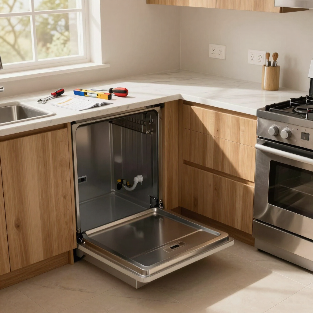 Kitchen with open undercounter dishwasher, white countertop, wood cabinets, and tools on the counter