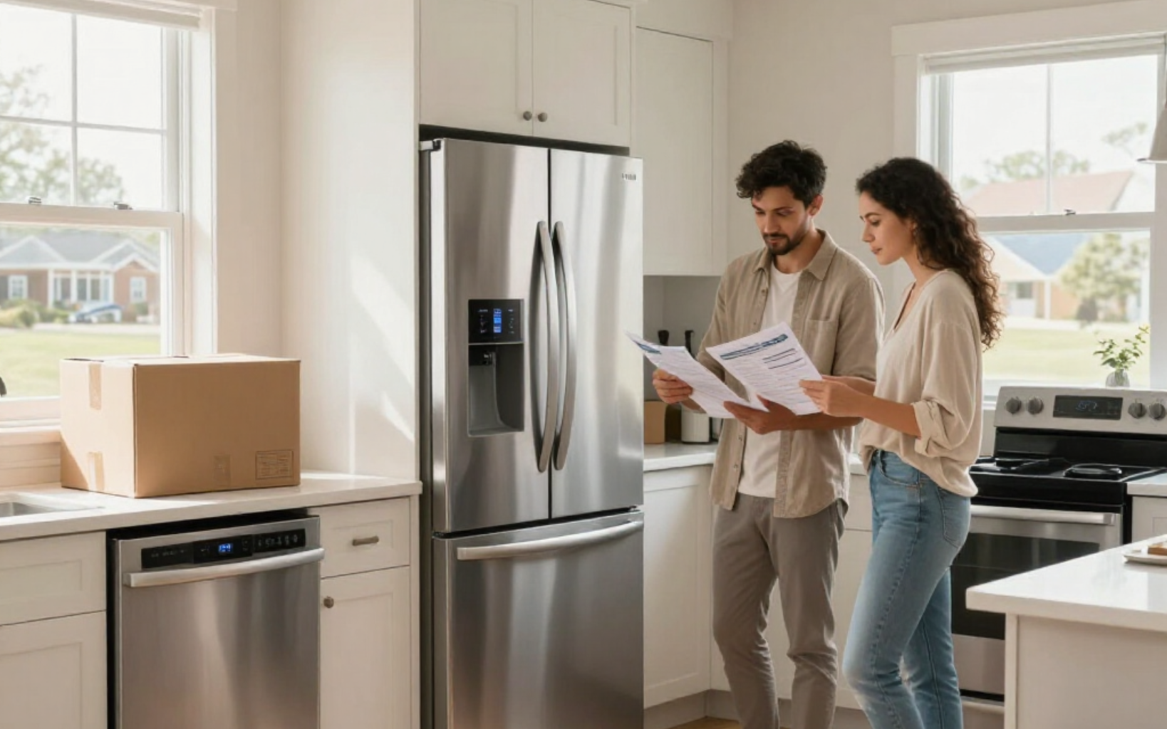 Two people reviewing paperwork in a bright kitchen beside a stainless steel refrigerator