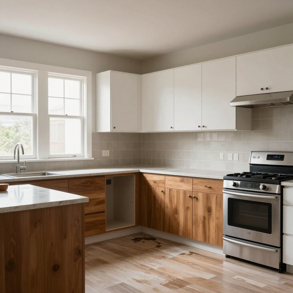 Bright modern kitchen with white cabinets, wood island, stainless stove, and large window.