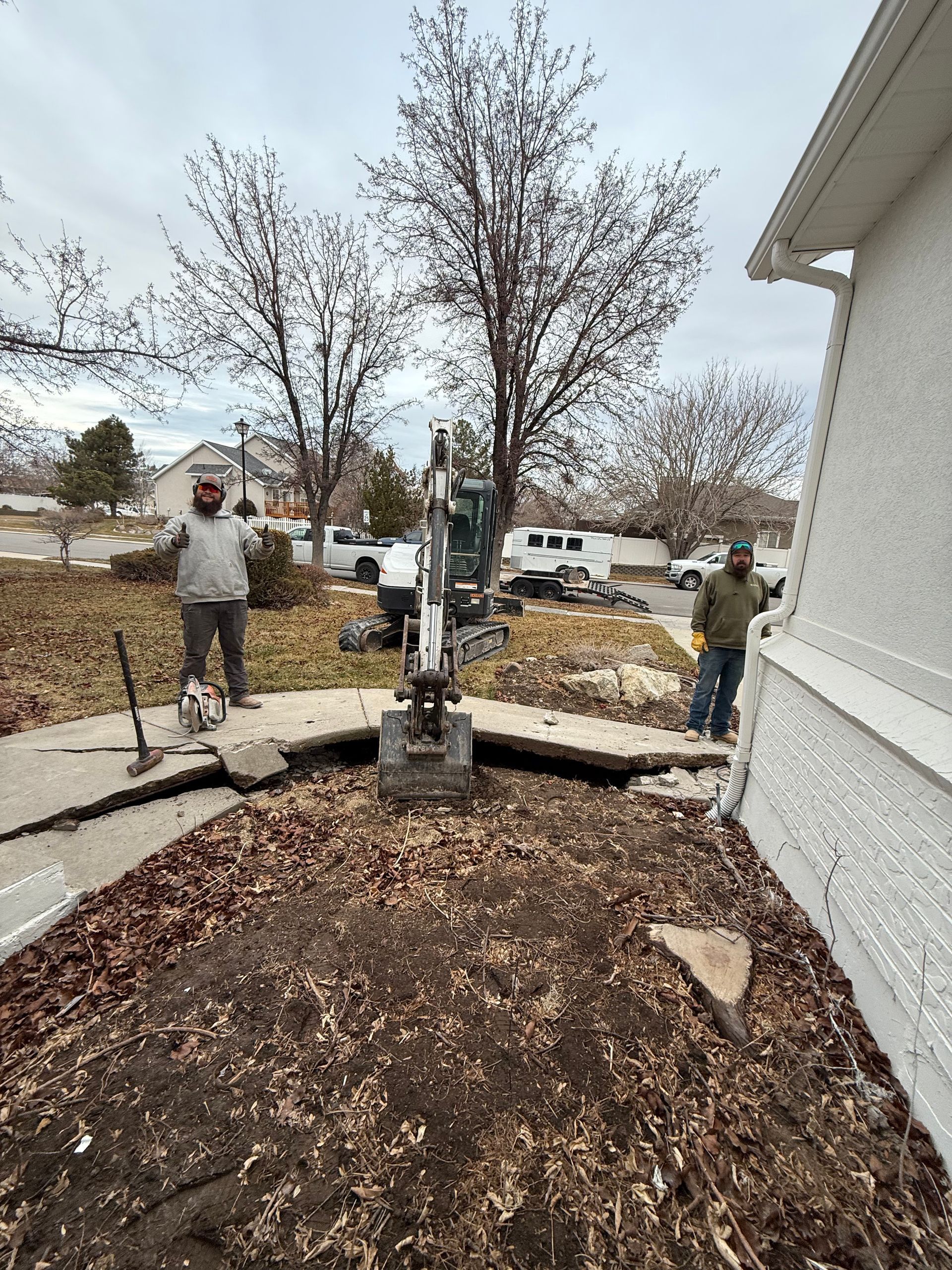 An excavator in front of a house in process of updating the sidewalk.