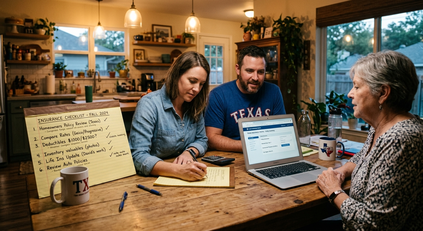 A Texas family sitting at a kitchen table reviewing insurance policy documents together on a sunny afternoon