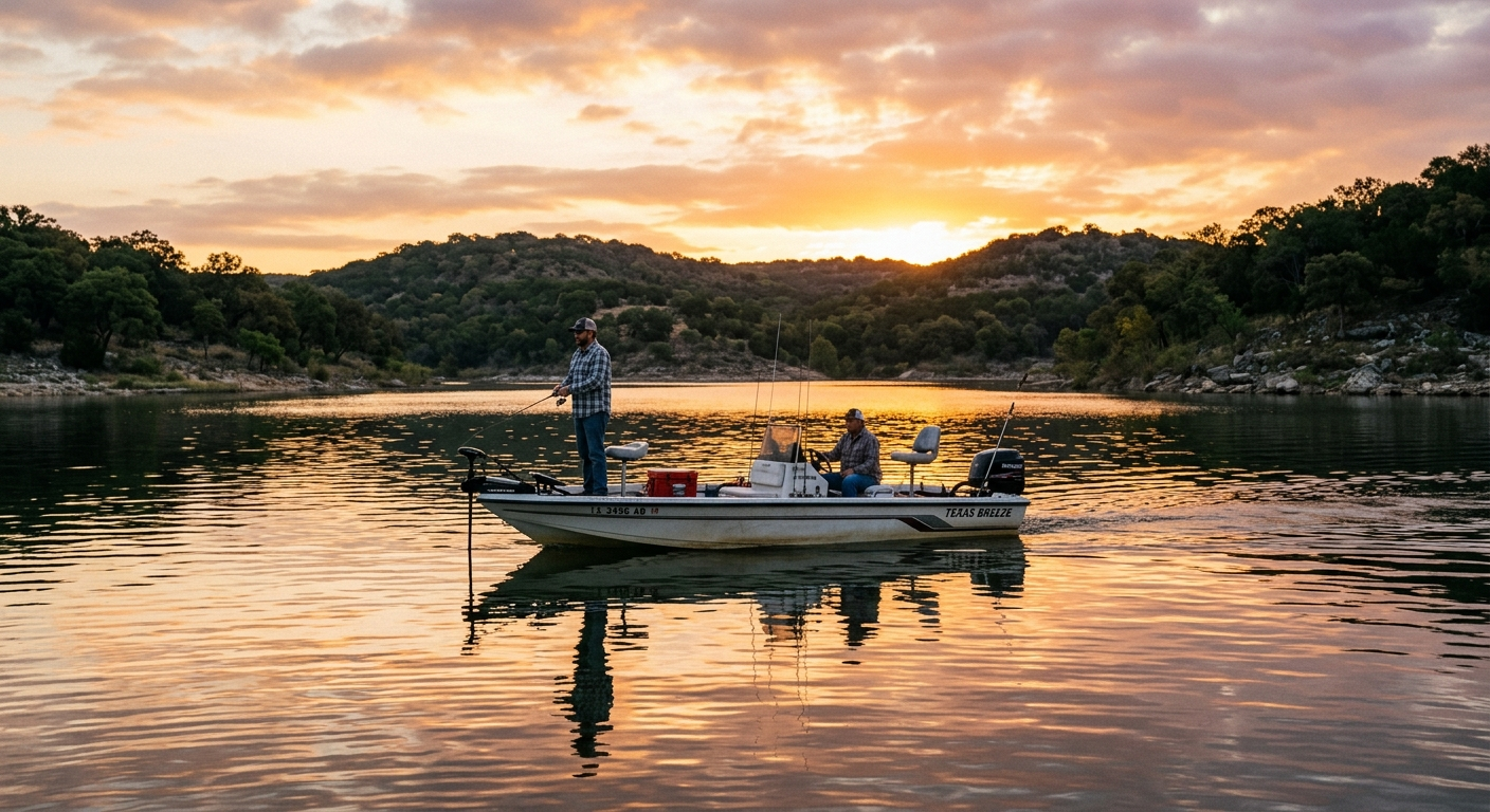 Pontoon boat on calm water at Lake Belton Texas on a sunny afternoon with green shoreline in the background
