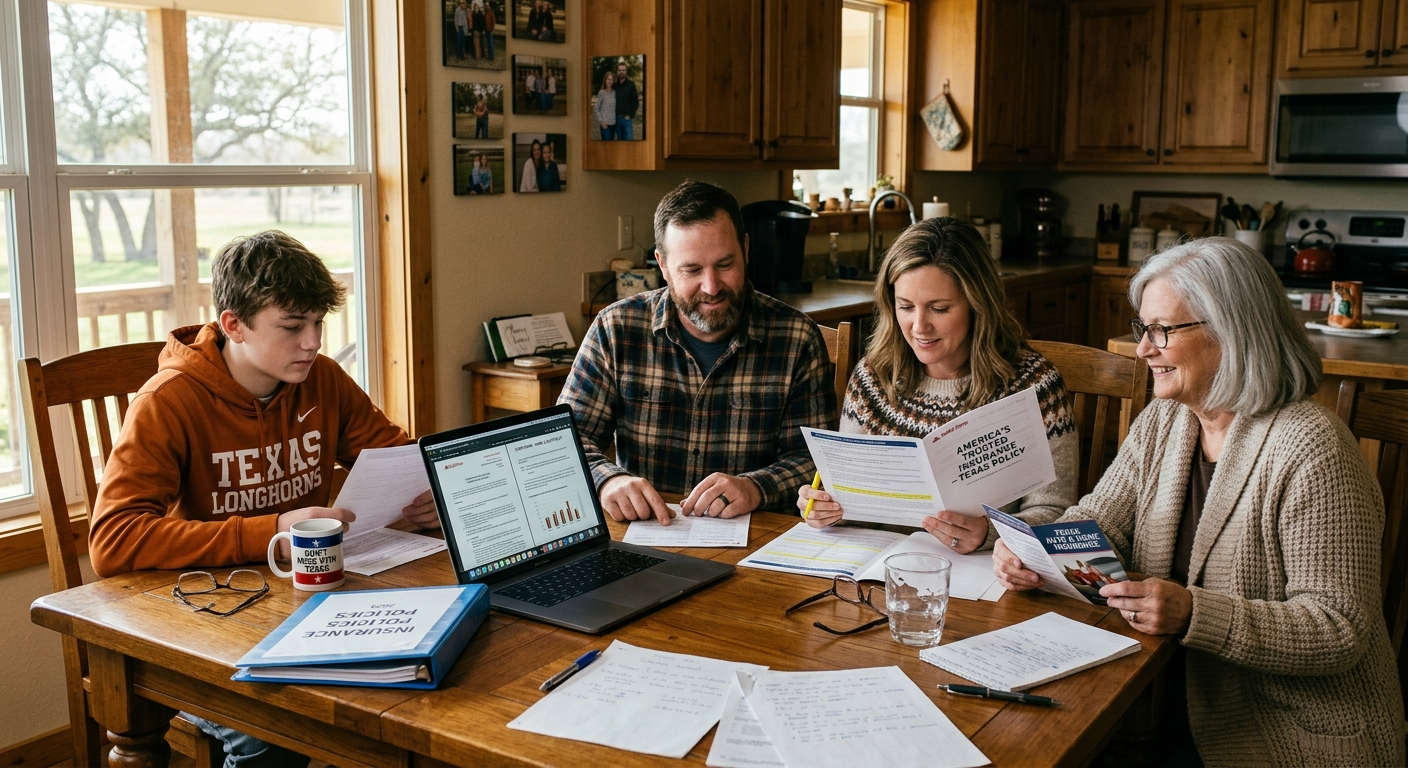A smiling Texas couple reviewing insurance documents at a kitchen table with a home and car visible through the window