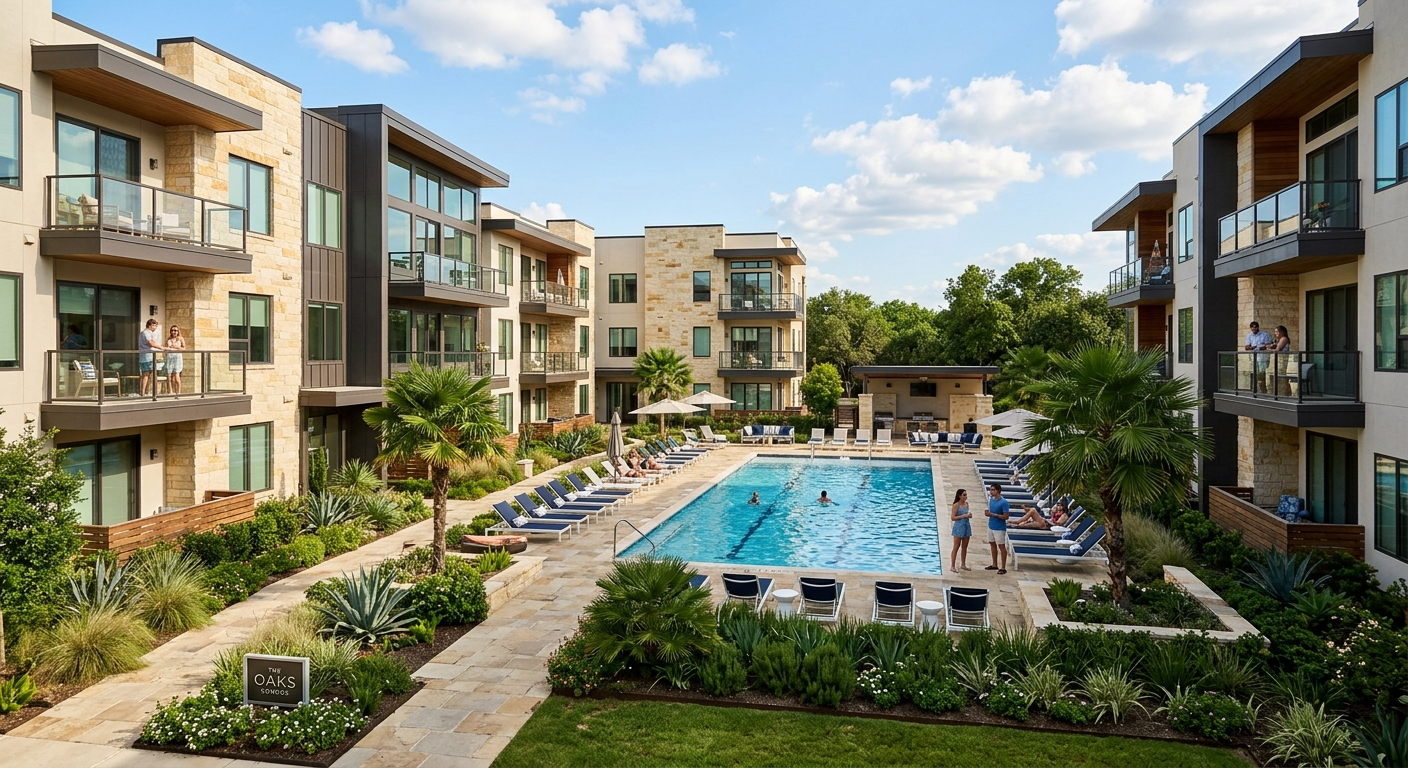 Aerial view of a Central Texas condominium complex with an HOA shared courtyard on a sunny day