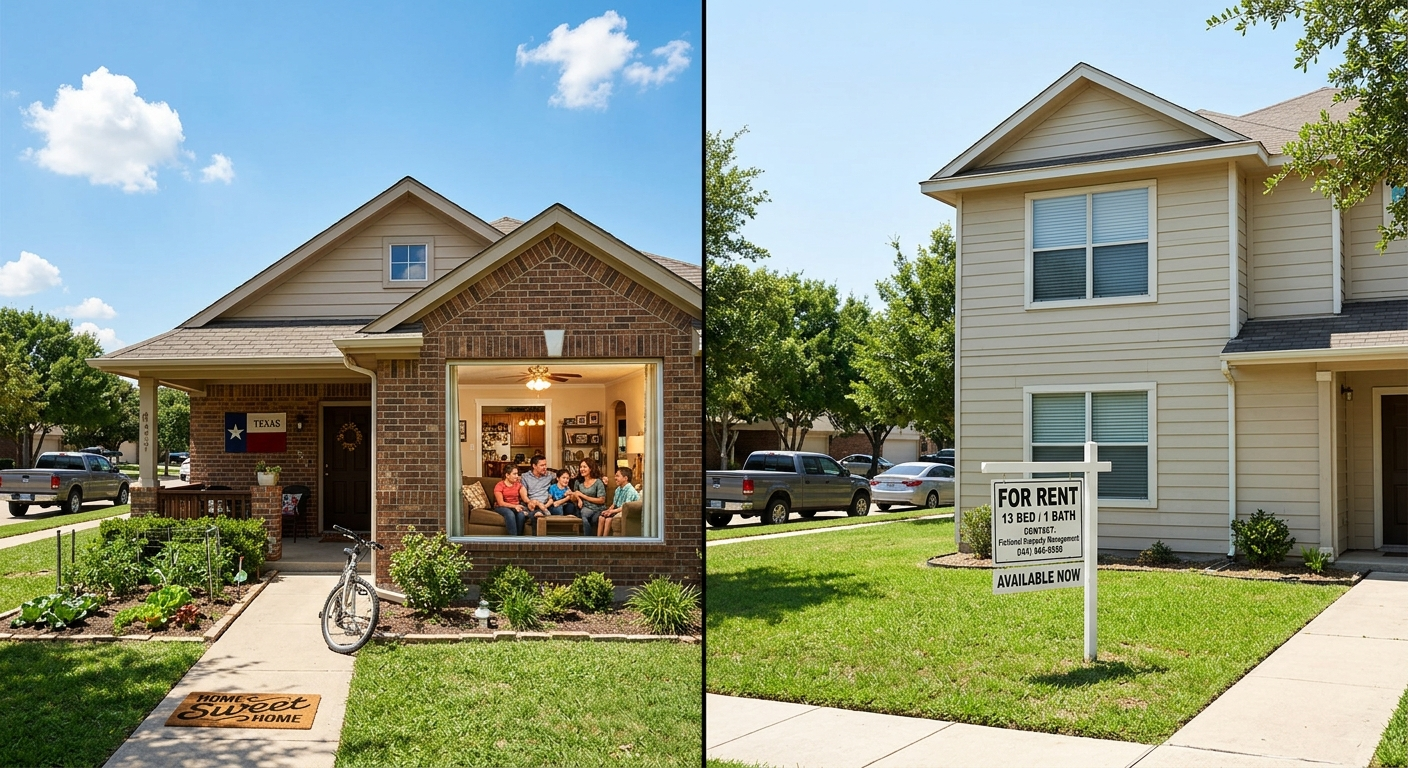 Two adjacent Texas homes side by side, one owner-occupied with a family outside and one rental property with a for-rent sign