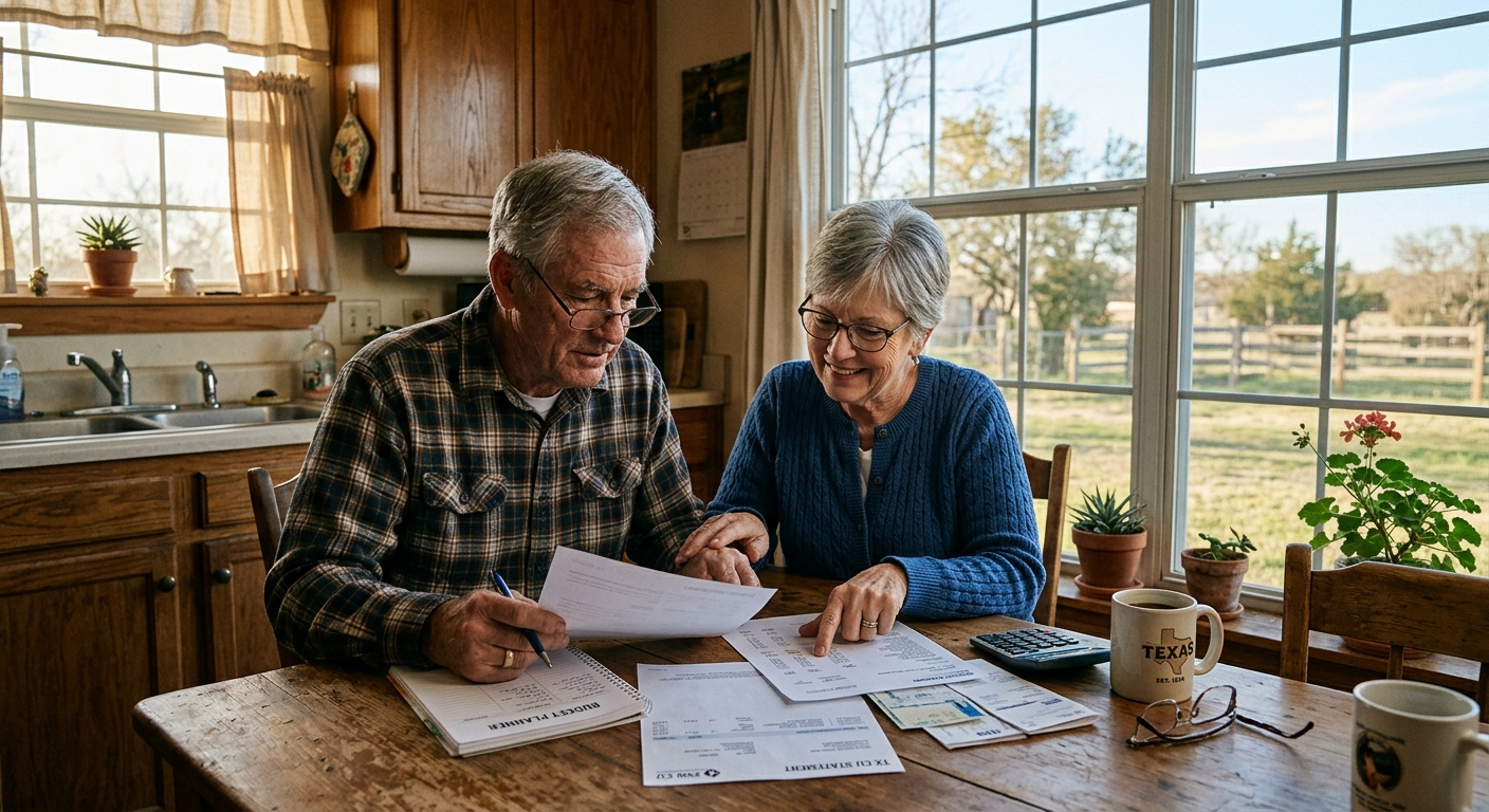 Older Texas couple reviewing life insurance documents at a kitchen table in a sunlit home