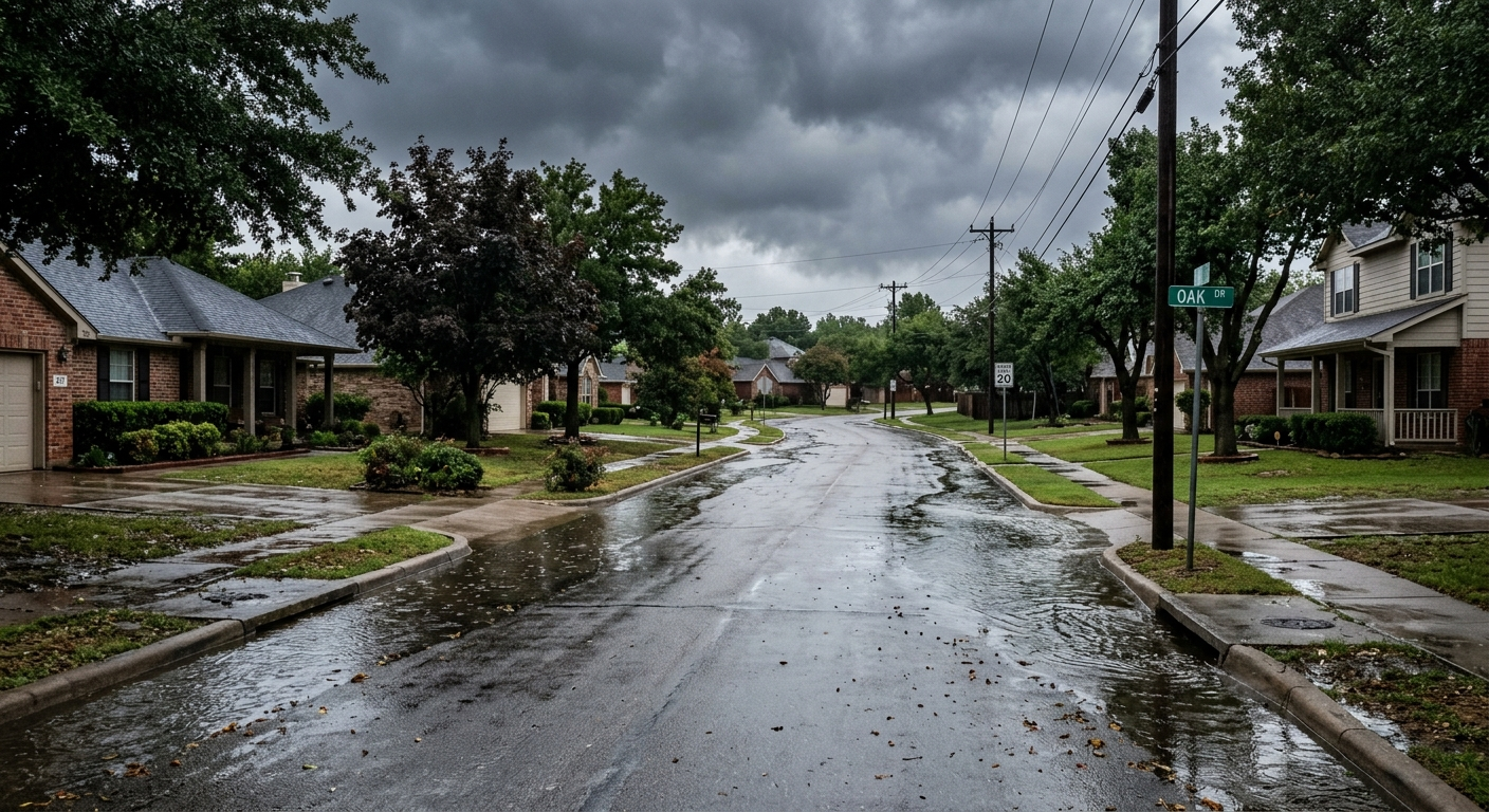Aerial view of flooded residential neighborhood with brown water surrounding homes and trees near a creek in North Texas