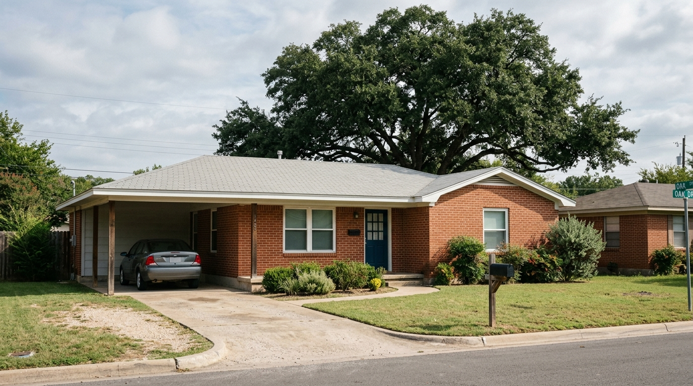 Single-story brick home on a quiet residential street in Copperas Cove, Texas, under a partly cloudy Central Texas sky